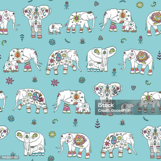 Elephant Pattern Vector Indian Elephant With Ornament Vector Seamless Pattern Stock ...
