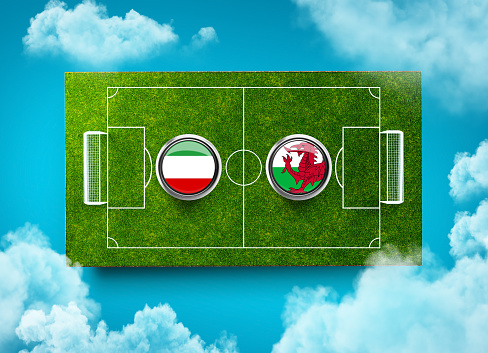 Wales vs Iran Versus screen banner Soccer concept. football field stadium, 3d illustration