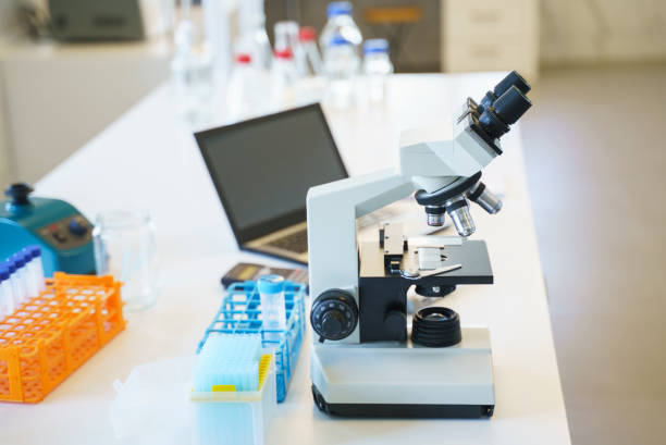 istock Glasswares and microscope in with tests of plants in laboratory 1442604971