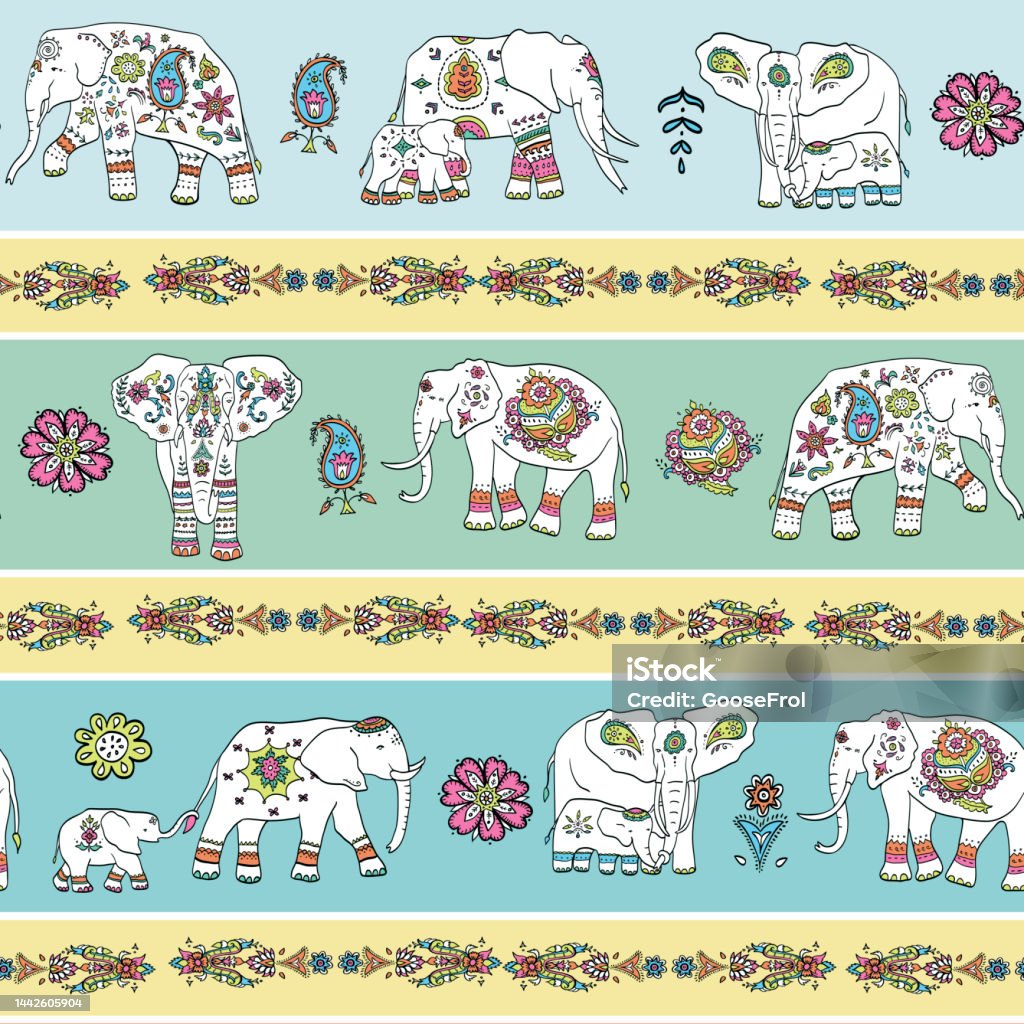 Elephant Pattern Vector Indian Elephant With Ornament Vector Seamless Pattern Stock ...