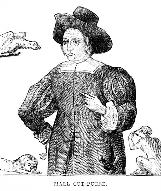 Mary Frith, Thief, 17th Century British History Mary Frith (1584 –July 26, 1659), alias Moll (or Mal) Cut-purse , was an English notorious pickpocket and fence of the London underworld. Her outlandish behavior--smoking, wearing men's clothes, etc--inspired plays and books as "the Roaring Girl." Illustration published in 1868. Original edition is from my own archives. Copyright has expired and is in Public Domain. three lions england stock illustrations