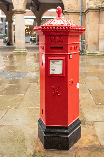 Shrewsbury Shropshire united kingdom 20, October 2022 red royal mail vintage Victorian post box, still in use in modern times