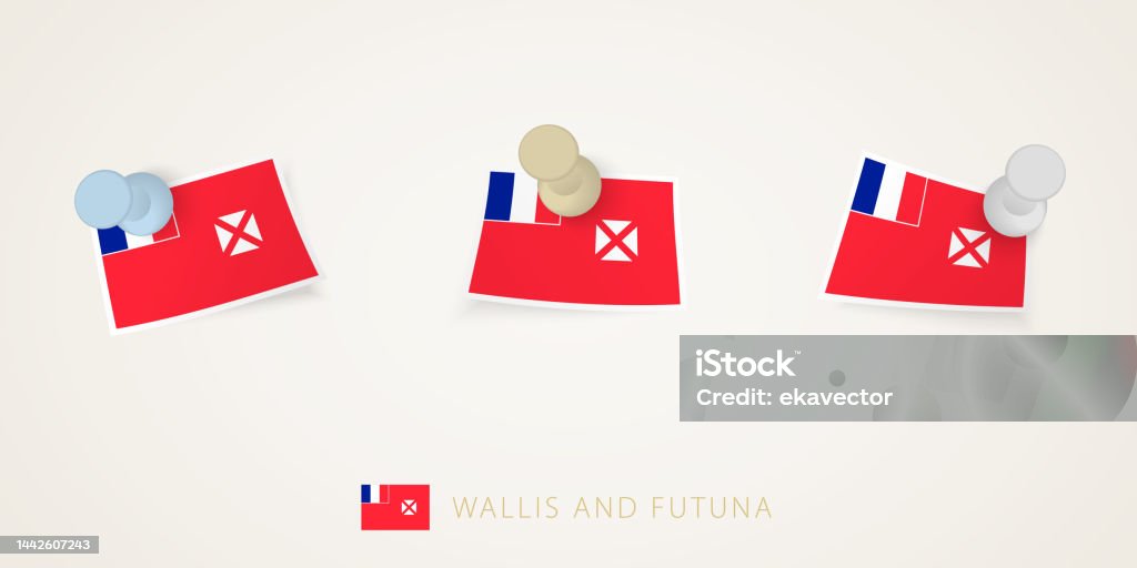 角がねじれたさまざまな形のウォリスフツナの旗が固定されていますベクター画鋲の上面図 アイコンのベクターアート素材や画像を多数ご用意