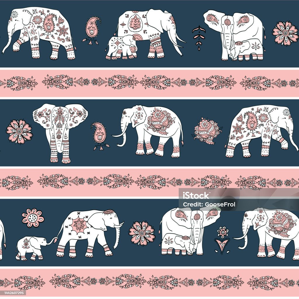Elephant Pattern Vector Indian Elephant With Ornament Vector Seamless Pattern Stock ...