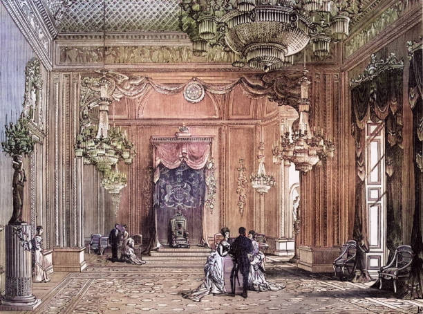 Buckingham Palace throne room, coloured 19th century illustration Throne room inside Buckingham Palace during reign of Queen Victoria buckingham palace stock illustrations