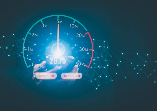 istock Fast internet connection with Metaverse technology concept, Hand holding smartphone and Virtual screen of Internet speed measurement,Internet and technology concept, 5G Hi speed internet concept 1442610525