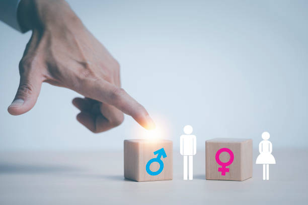 istock concept equality and differences between men and women, Hand touch wooden cube with male icon on top of cubes, gender discrimination in employment. Wooden blocks with male and female symbols. 1442610526