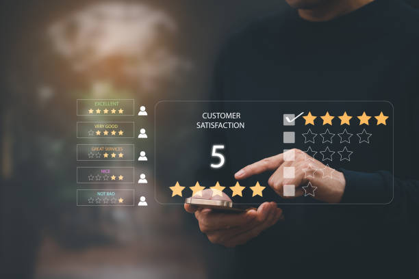istock Man touch smartphone with Customer review satisfaction feedback survey concept, User give rating to service experience on online application, service leading to reputation ranking of business. 1442610715