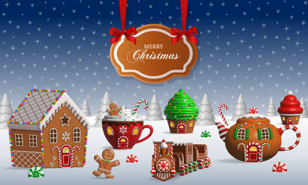 과자 풍경이 있는 크리스마스 배경. 사탕과 과자가 있는 판타지 겨울 풍경 - cookie christmas gingerbread man candy cane stock illustrations
