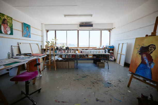 Interior, studio and workshop for art and design production for creative, small business or painting. Manufacturing, professional and service with art supplies and paint equipment warehouse room