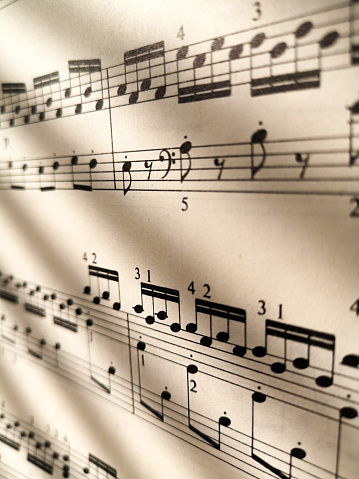 Close-up of a sheet music under the shadow of the blinds.
