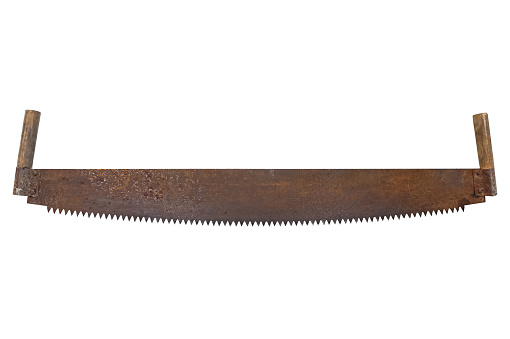 Rusty two man saw vintage hand tool crosscut. isolated on a white background