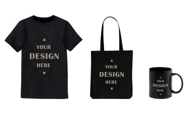 Black T-shirt, Black tote bag, Black mug template set. Vector illustration Use this product for mockup products, promotion display and more tote bag mock up stock illustrations