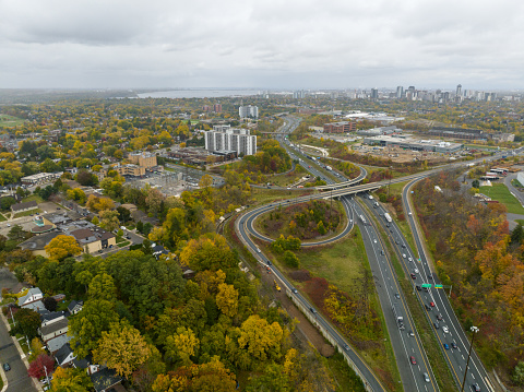 Aerial DVP highway in Autumn, Toronto, Canada