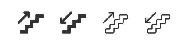 Staircase icon. Stair up and down arrow. Step web sign. Escalator symbol in vector flat Staircase icon. Stair up and down arrow. Step web sign. Escalator symbol in vector flat style. steps stock illustrations
