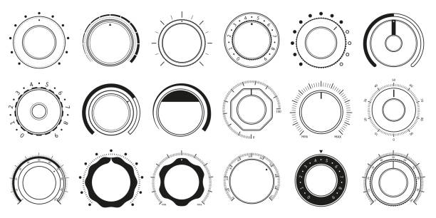 Volume adjustment dials. Round level knob, rotary control dial and sound controller interface circle switch vector set. Electronic equipment element for sound regulation. Audio settings