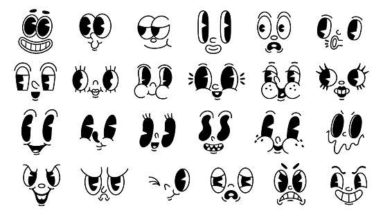 Retro 1930s cartoon faces. Old funny mascot facial expressions, mouths and eyes with different emotions for characters vector set. Emoji with different feelings as angry, happy and sad