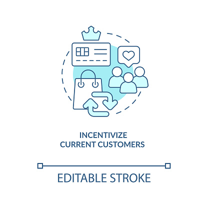 Incentivize current customers turquoise concept icon. Finding new clients tip abstract idea thin line illustration. Isolated outline drawing. Editable stroke. Arial, Myriad Pro-Bold fonts used