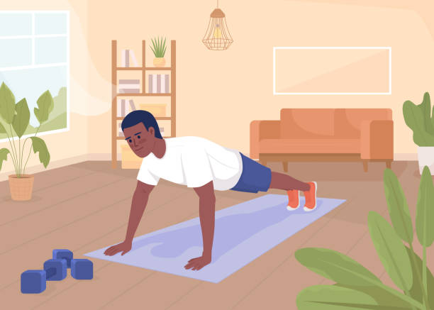 ilustrações de stock, clip art, desenhos animados e ícones de man doing push ups flat color vector illustration - exercising men push ups muscular build