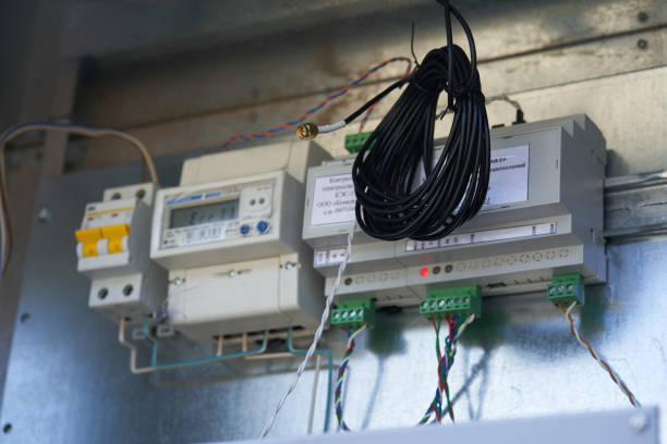 istock Electric control panel. The wires are connected to residual current circuit breakers and voltage monitoring relays. High quality photo 1442641465