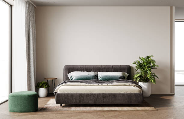 istock Beige home interior, scandinavian style bedroom mock up, 3d rendering 1442641722