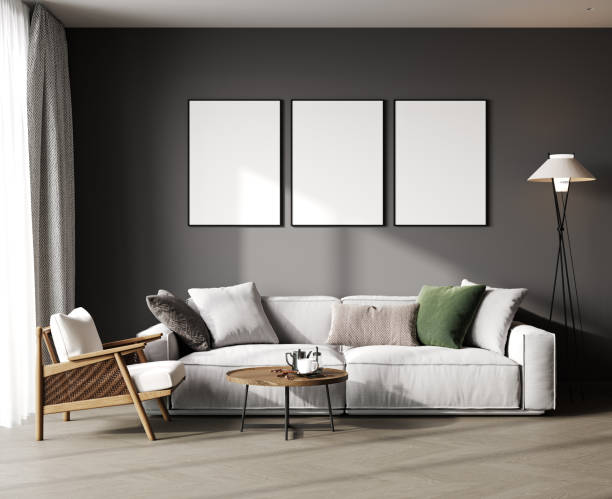 istock Three blank frames mock up in modern living room interior, minimalist style, 3d rendering 1442641766