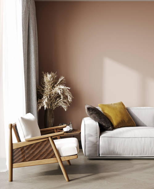istock Pastel peach room interior, living room interior mockup, empty wall and white sofa, 3d rendering 1442641772
