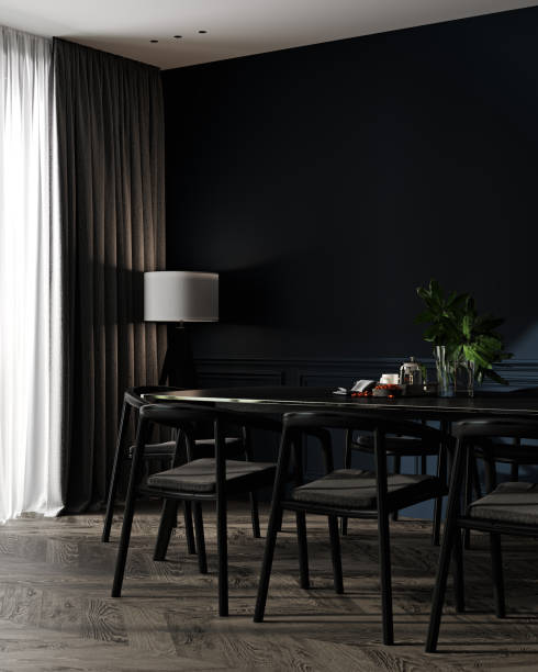 istock Home mockup, cozy dark blue dinning interior background, 3d render 1442641790
