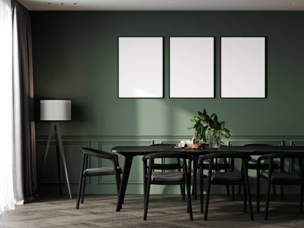 istock Three poster frame mock-up in dark green modern home interior background, dinning, 3d render 1442641791