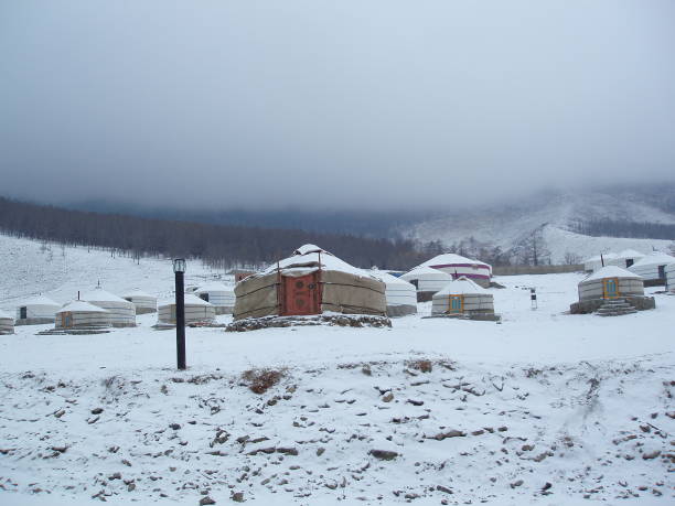 A ger camp in the tranquility of the quiet Bogd Khaan valley, Ulaanbaatar, Mongolia. stock photo
