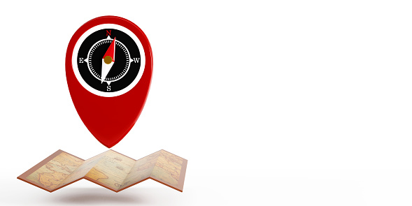 3D rendering of Red location pin with compass and map on white background