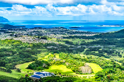 Colorful Kaneohe City Bay Nuuanu Pali Outlook Green Koolau Mountain Range Oahu Hawaii Built 1958 View Windward Oahu