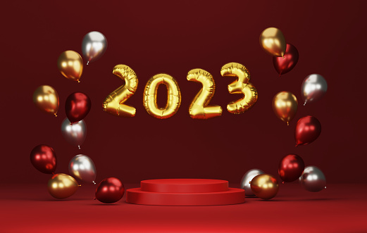 Round base podium and balloons gold, red, silver with numbers 2023 gold foil on red background. Happy new year 2023 celebration greeting decoration. 3D render illustration.