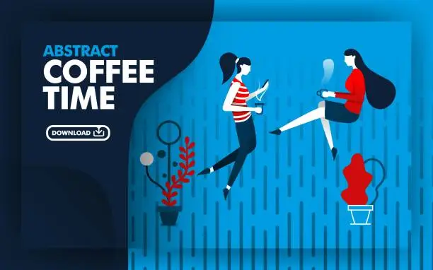 Vector illustration of Vector abstract illustration .illustration website banner with blue, dark blue and red with coffee time theme. two women were relaxing drinking coffee in the rain. can use for page. Flat cartoon style