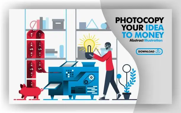 Vector illustration of Vector abstract illustration .Banners and website in red, gray, blue with title copy your idea to money. Worker put light bulb into machine and make money that goes into piggy bank. Flat cartoon style