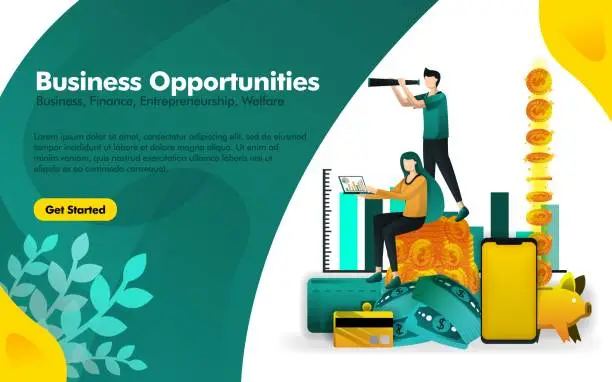 Vector illustration of people are standing in piles of money and seeing business opportunities with binocular. can use for, landing page, ui, web, mobile app, poster, banner, flyer, promotion, marketing, finance, trading