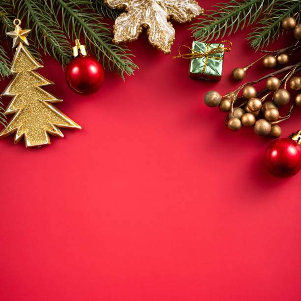 istock Christmas background design concept with beautiful decors and tree branch. 1442666924