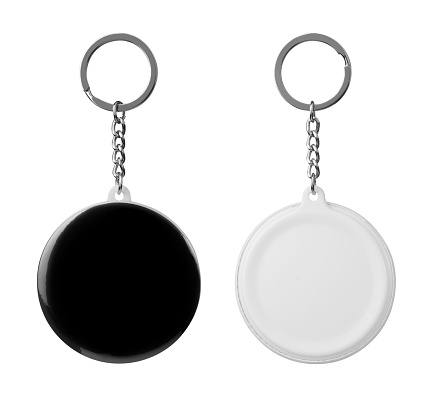 Black blank badge. Glossy round button badge with ring isolated on white