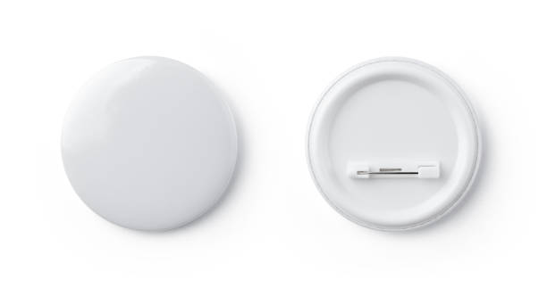 istock White blank badge. glossy round button. Pin badge mockup isolated on white background 1442667079