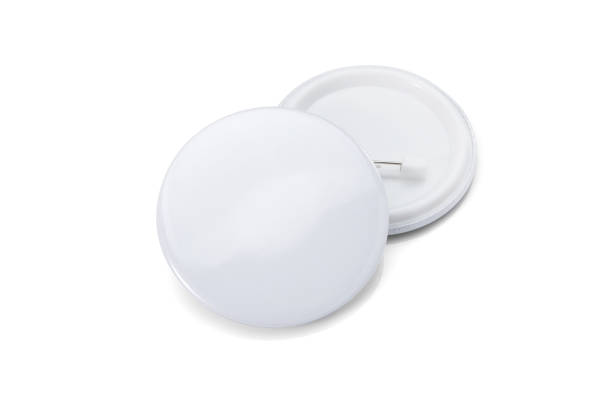 istock White blank badge. glossy round button. Pin badge mockup isolated on white background 1442667120