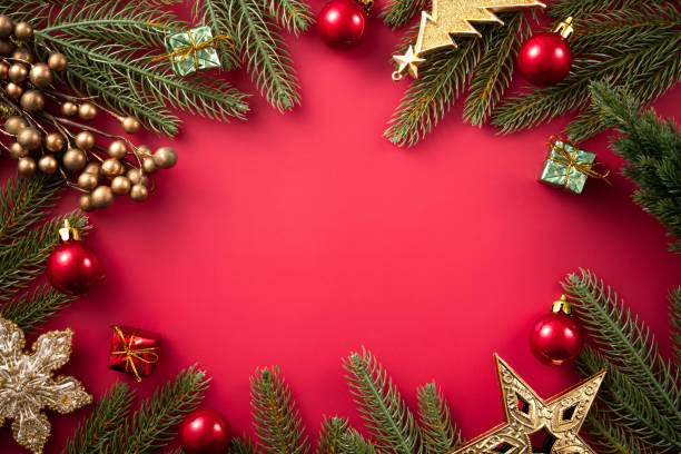 istock Christmas background design concept with beautiful decors and tree branch. 1442667127