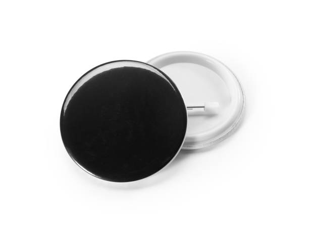 istock Black blank badge. glossy round button. Pin badge mockup isolated on white background 1442667132