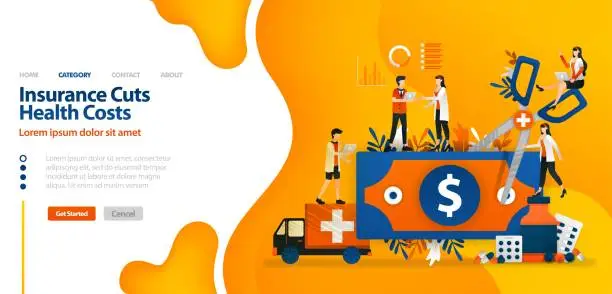 Vector illustration of Insurance Cuts Health Costs. money cut with giant scissors .vector illustration concept can be use for landing page, template, ui ux, web, mobile app, poster, banner, website