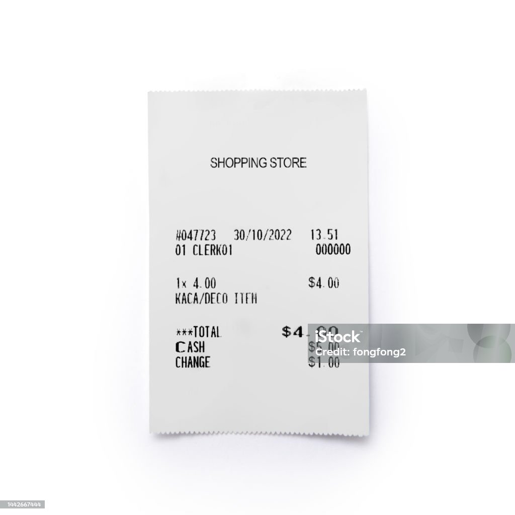 Paper printed sales shop receipt isolated on white background Receipt Stock Photo
