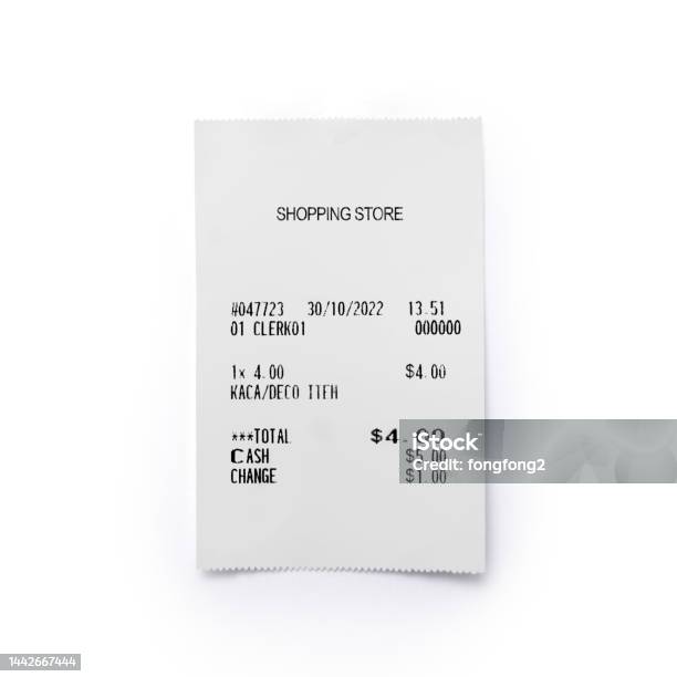Paper Printed Sales Shop Receipt Isolated On White Background Stock Photo - Download Image Now