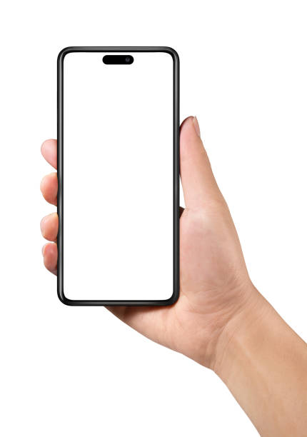 istock Man hand holding the black smartphone with blank screen and modern frame less design isolated on white 1442668017