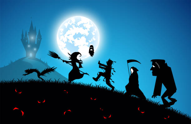 istock illustration blue background,festival halloween concept,full moon on dark night with many ghost,scarecrow,frankenstein and devil walking to castle for celebration halloween day 1442670599