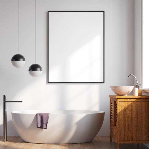 istock 3D Modern interior of bathroom with mockup poster frame 1442672119