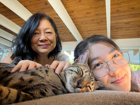 Closeup portrait of a Chinese mother and multiracial daughter petting and cuddling a sleeping bengal cat at home.