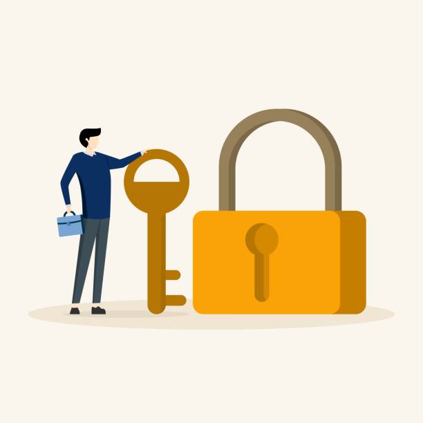 key to successful business or unlock business accessibility concept businessman holding key to unlock pad. professional to provide solutions, Key to unlock, solve business problems, key to successful business or unlock business accessibility concept. number counter stock illustrations